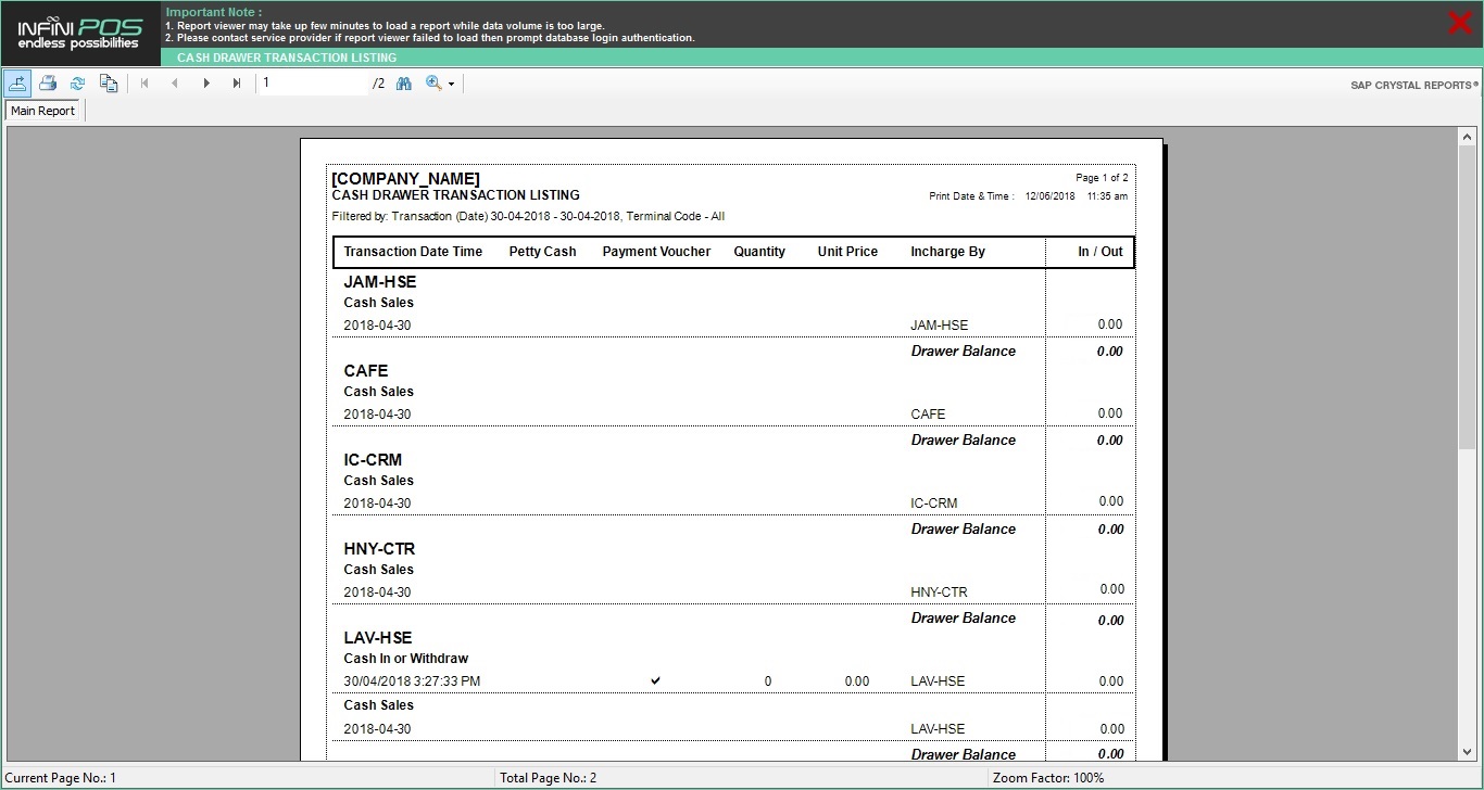 Cash Drawer Transaction Report